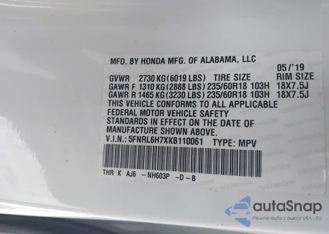 2019 Honda Odyssey Ex-L z USA, uszkodzony, nr VIN 5FNRL6H7XKB110061